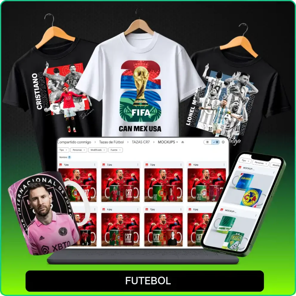Artes de futebol aplicadas em camisetas, caneca, notebook e celular
