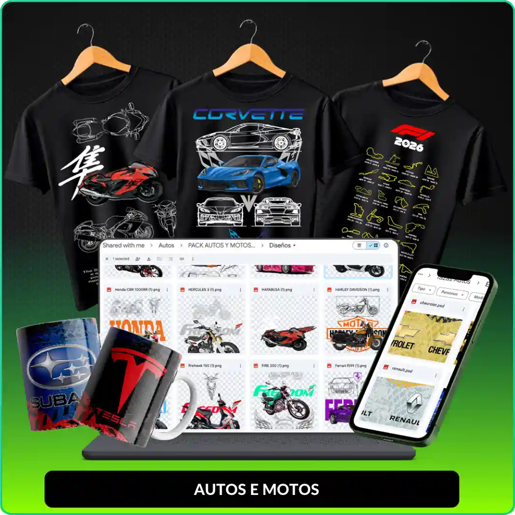 Artes de autos e motos aplicadas em camisetas, canecas, notebook e celular