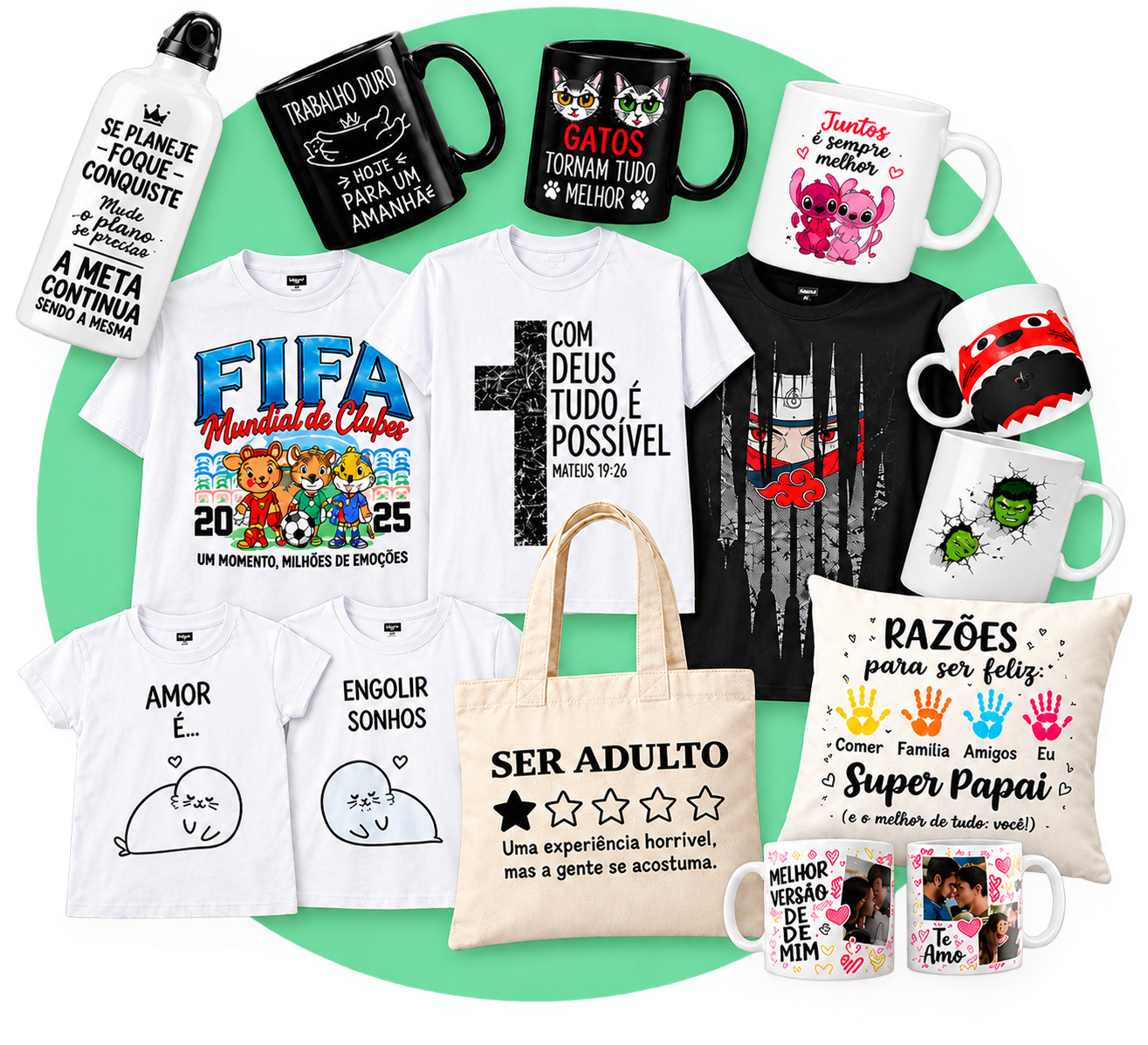 Colagem de produtos personalizados feitos com as artes do ArtePack: canecas, camisetas, ecobag, almofada e garrafa