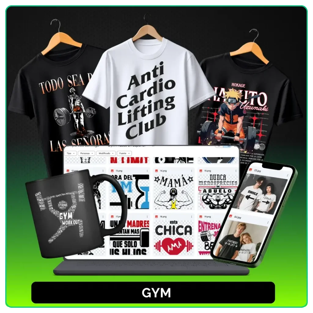 Artes de academia aplicadas em camisetas, caneca, notebook e celular