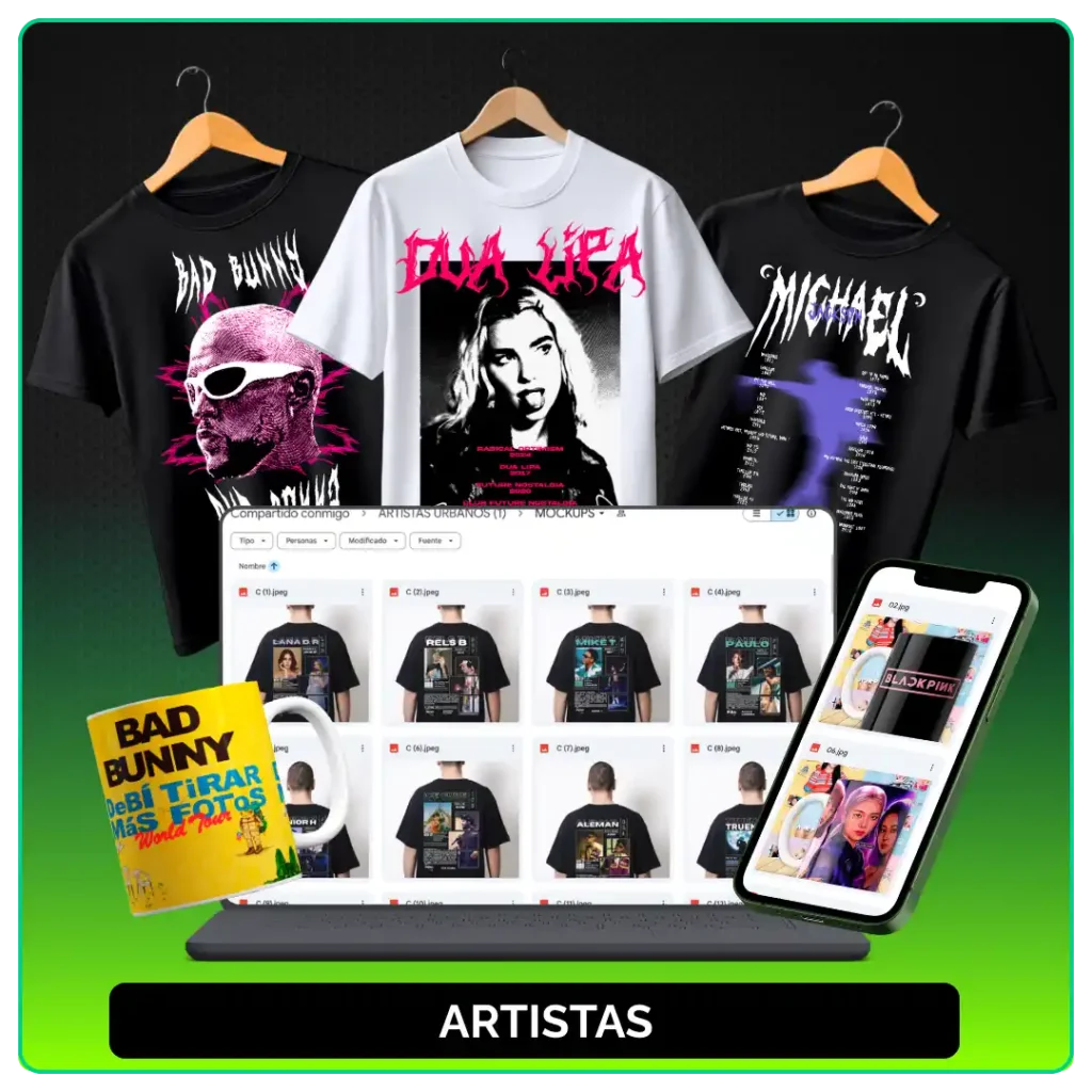 Artes de artistas da música aplicadas em camisetas, caneca, notebook e celular