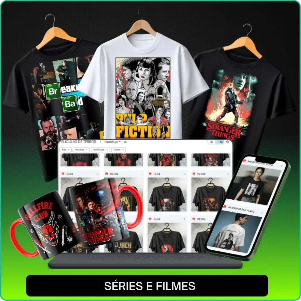 Artes de séries e filmes aplicadas em camisetas, canecas, notebook e celular